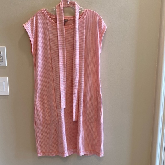 Talbots SOFT Scoop Neck Cap Sleeve Shift Dress Dress Pink White Stripe Sz MP - Picture 2 of 7